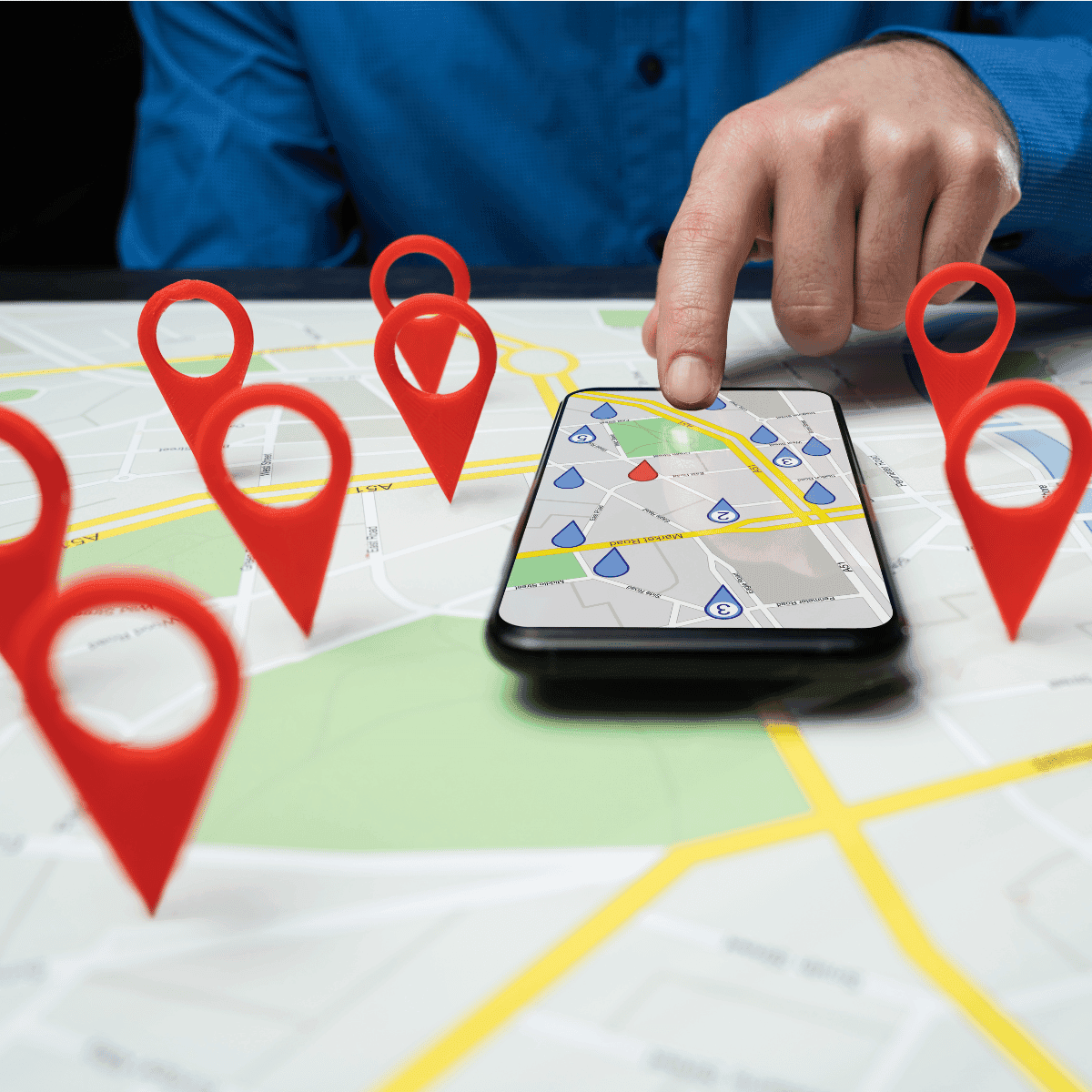 Location pins marking businesses on a map, viewed on a phone
